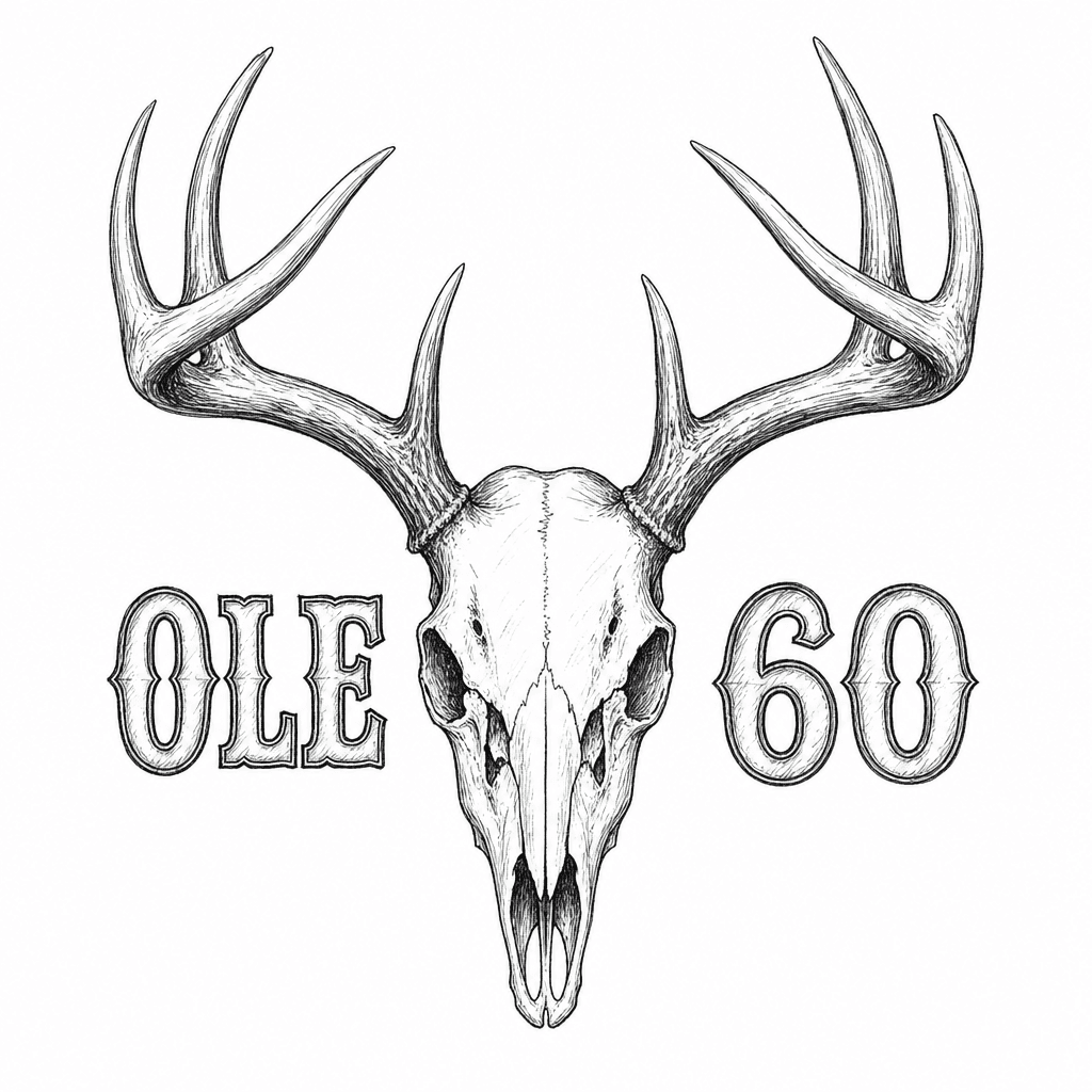 A Deer Skull With The Words Ole 60 On Opposite Sides In A Western Font