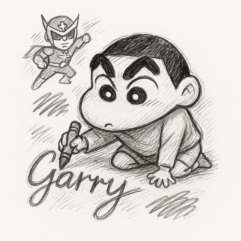 A Focused Shin-chan, Crayon In Hand, Mid-scrawl On The Letter "y" In "garry." You Could Even Add A Few Crayon Scribbles Or A Doodle Of His Action Kamen Nearby