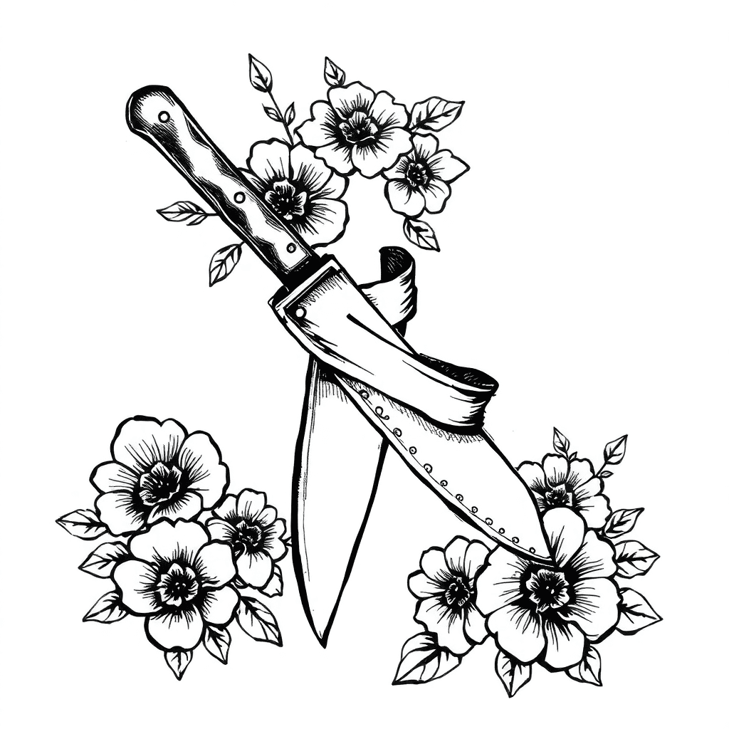 Please Wrap A Ribbon Around The Knife Handle And Decorate The Surroundings With Flowers