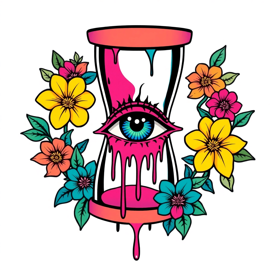 Traditional "Stencil of a trippy drippy all seeing eye inside of an hourglass with a warped vortex numerical code designs. Sticker style. Feminine floral lillie foliage" Tattoo Design