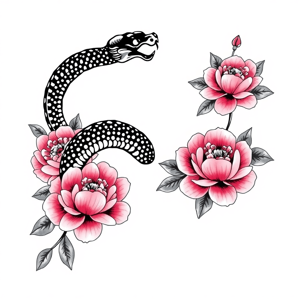 Black Snake With Peony Flowers