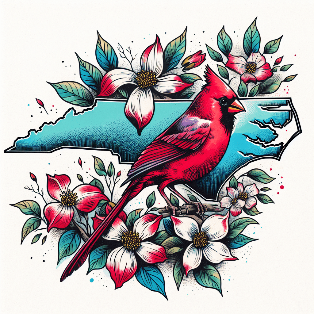 The State Of North Carolina With Dogwood Flowers And A Cardinal