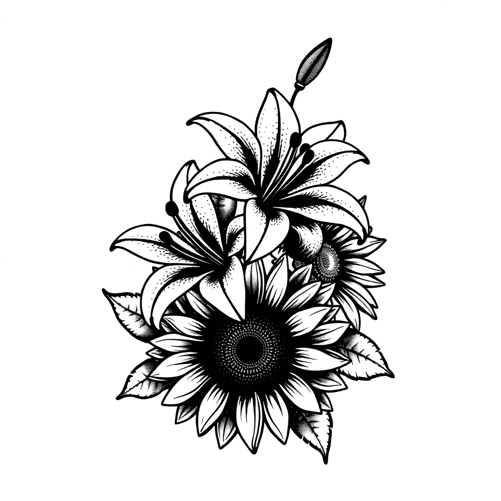 Two Lillies And A Sunflower