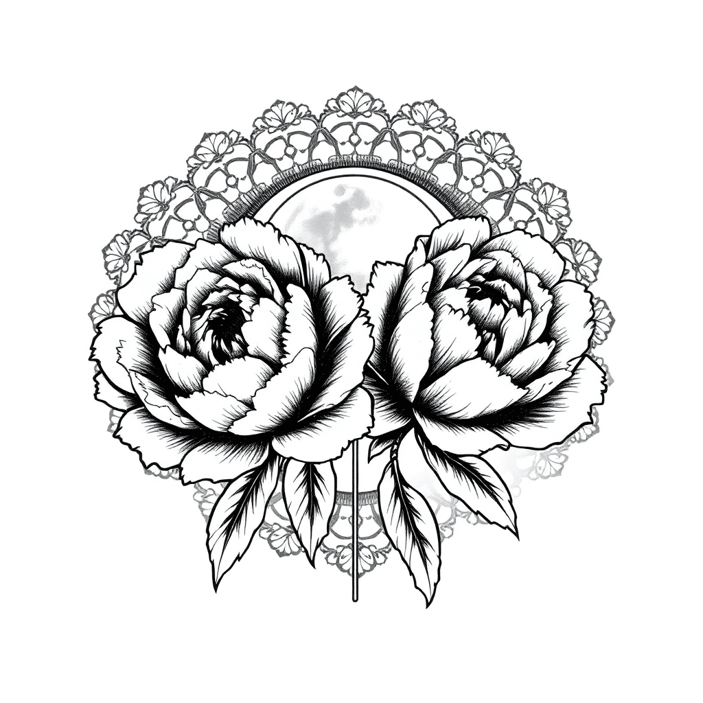 Two Big Peony Flowers With A Moon Facing Up In The Middle Of Them. Surrounded By Lace
