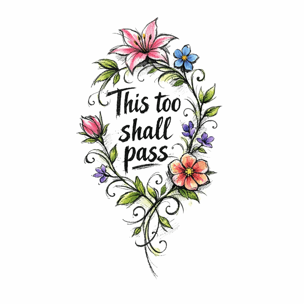 A Delicate Tattoo With Flowers, Vines In Color And With The Words "this Too Shall Pass"
