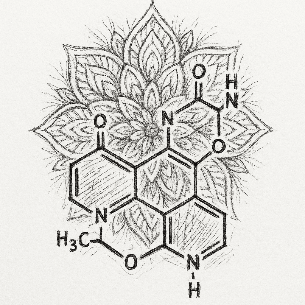 Lsd Molecule In Scientific Style, Surrounded By Subtle Mandala Pattern In Background, Black Ink Only, Balanced And Intricate