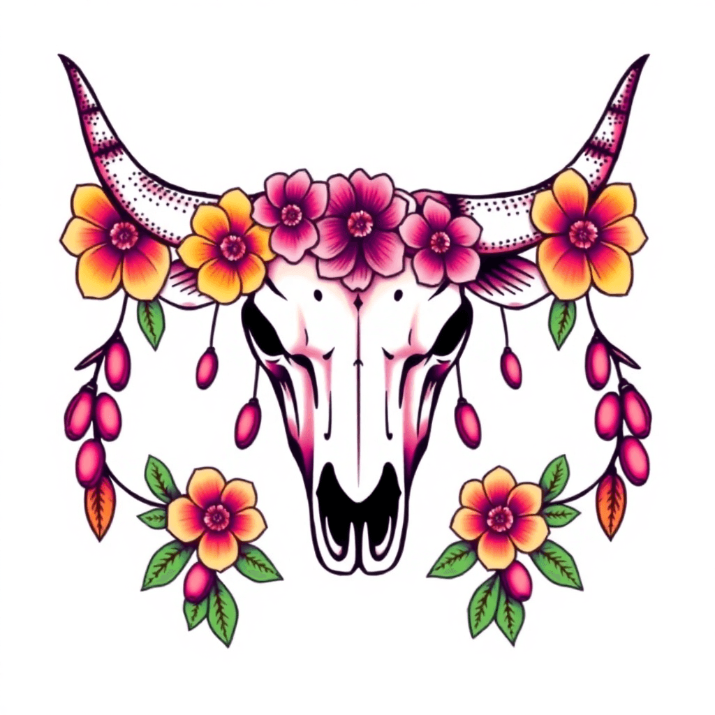 A Cow Skull With Elegant Flowers Around It And Beans Hanging From The Horns