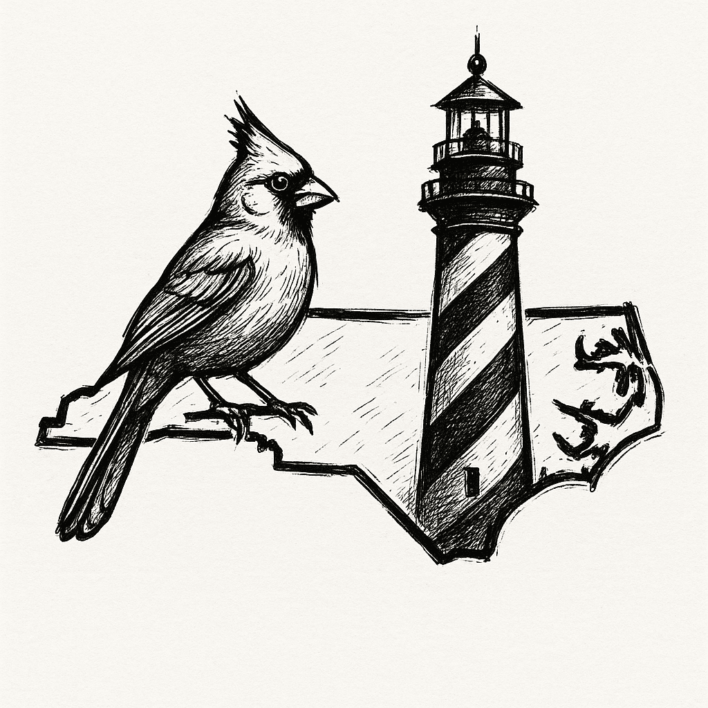 North Carolina Outline With Cardinal And Lighthouse