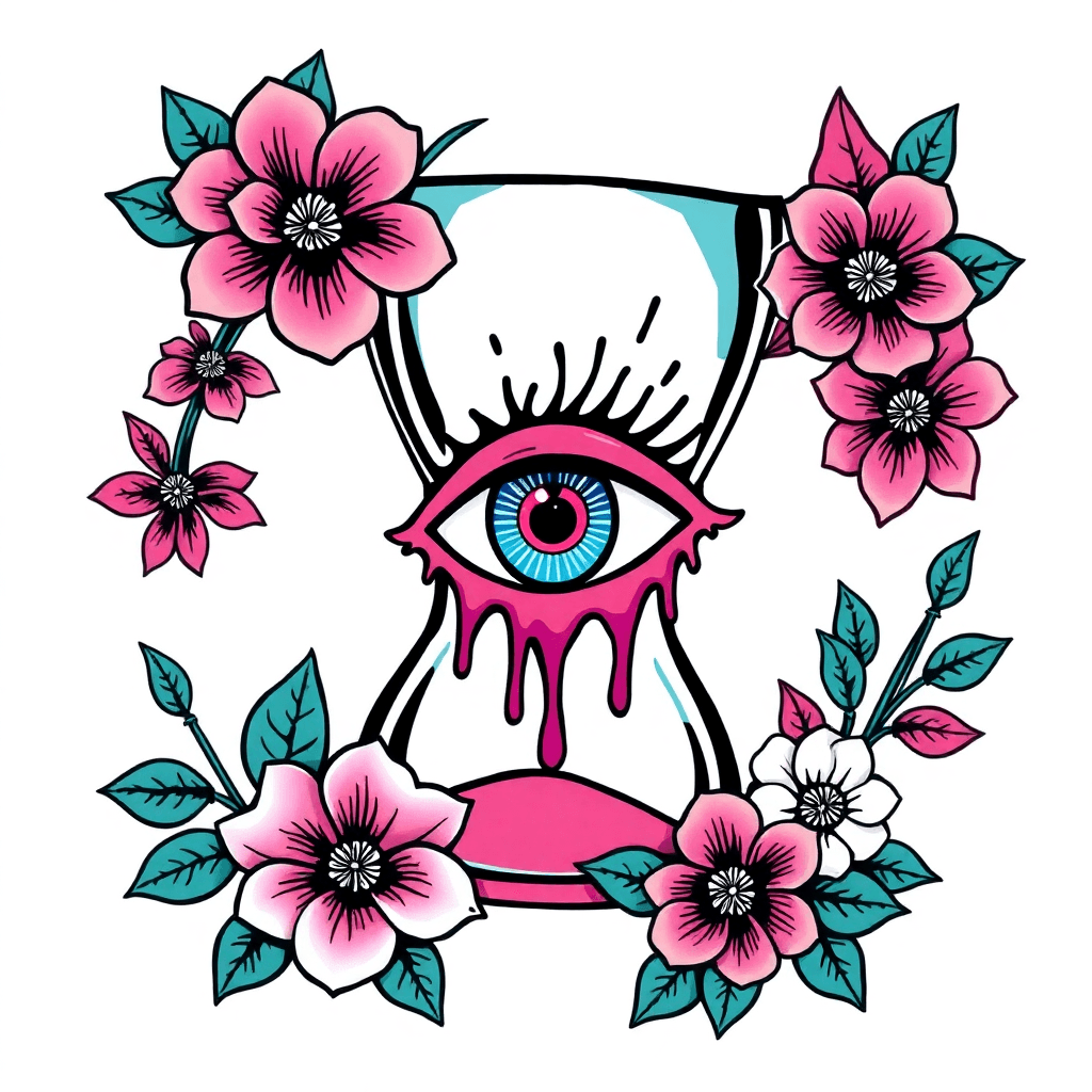 Traditional "Stencil of a trippy drippy all seeing eye inside of an hourglass with a warped vortex numerical code designs. Sticker style. Feminine floral lillie foliage" Tattoo Design