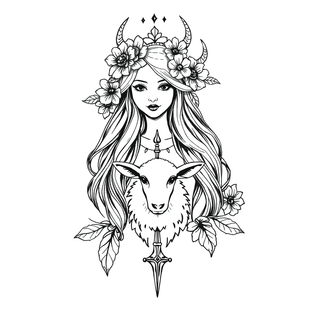 Gehörnte Göttin Ostara Mit Blumen Im Haar, Mit Zeremonienstab, Stehend Zwischen Hase Und Lamm