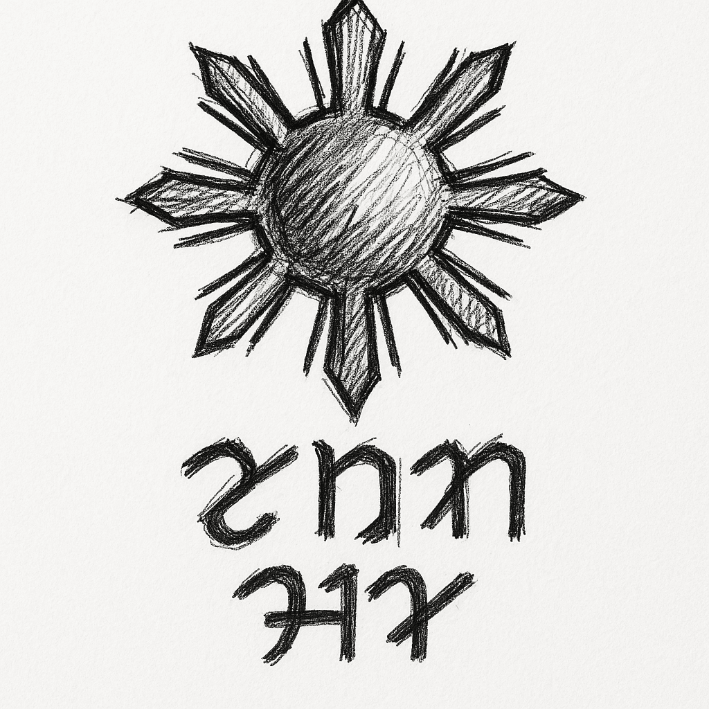 The Sun And Baybayin: The Design Begins High On The Forearm With A Large, Stylized Filipino Sun (from The Flag), Drawn With Sharp, Geometric, Tribal-inspired Lines (similar To A Batok Style). Script: