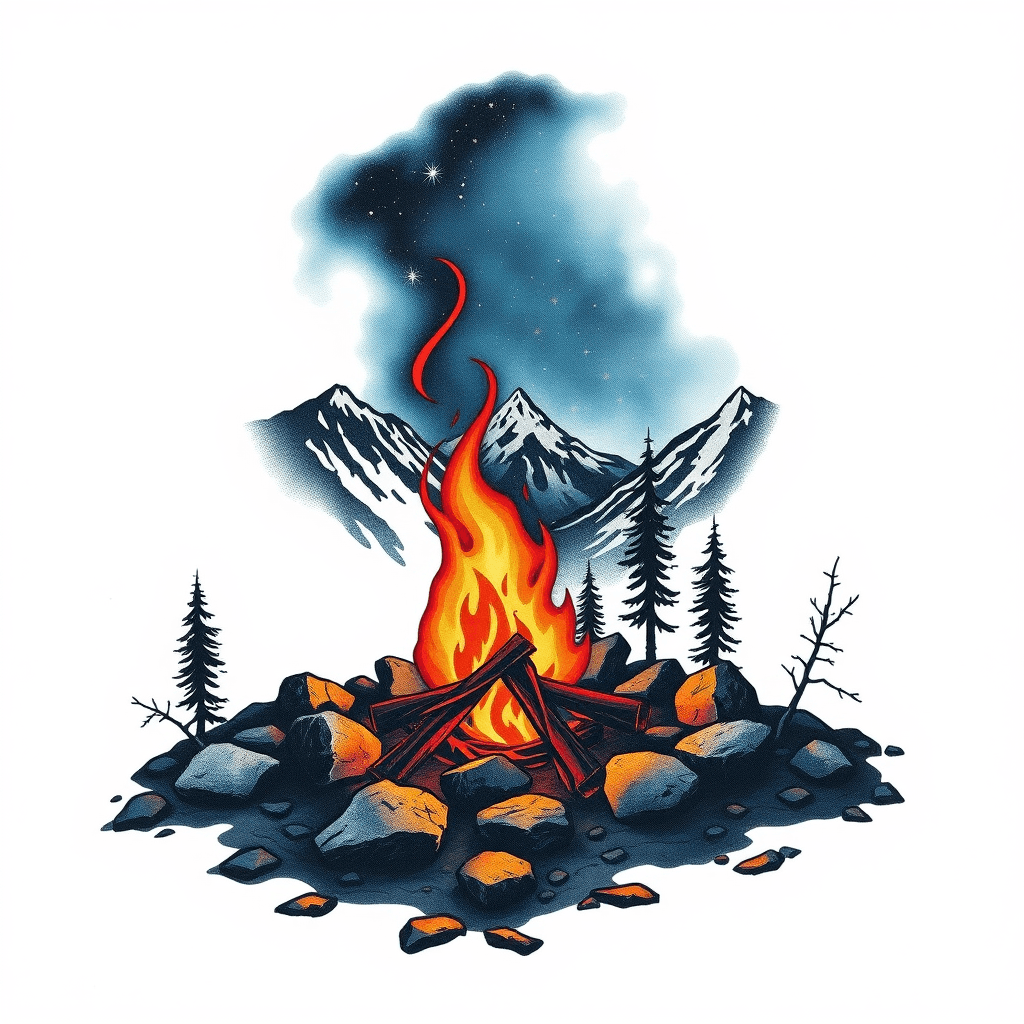A Crackling Campfire In The Mountains At Night