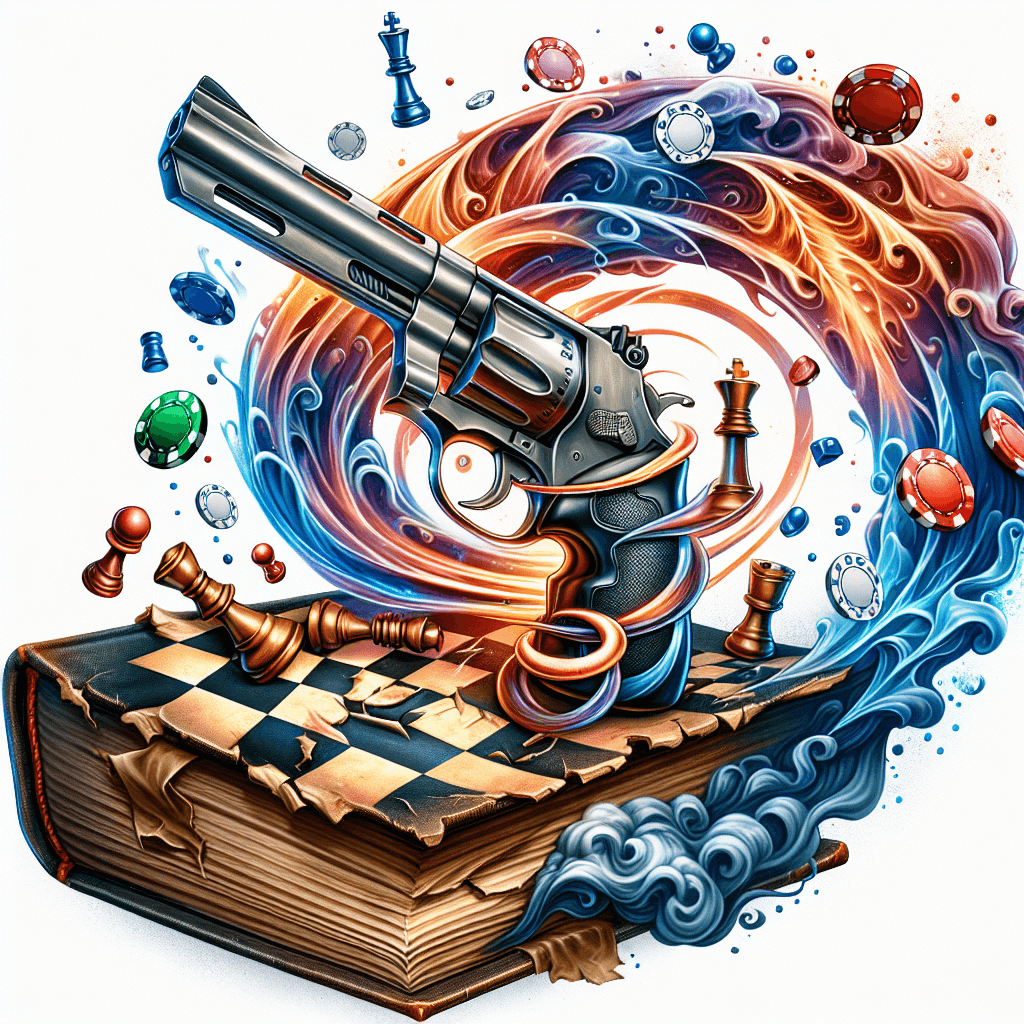 Firearm Tattoo Of Poker Chips And Chess Pieces Mystically Spiraling Up And Out Of A Tattered Old Book With Smoke And Fog