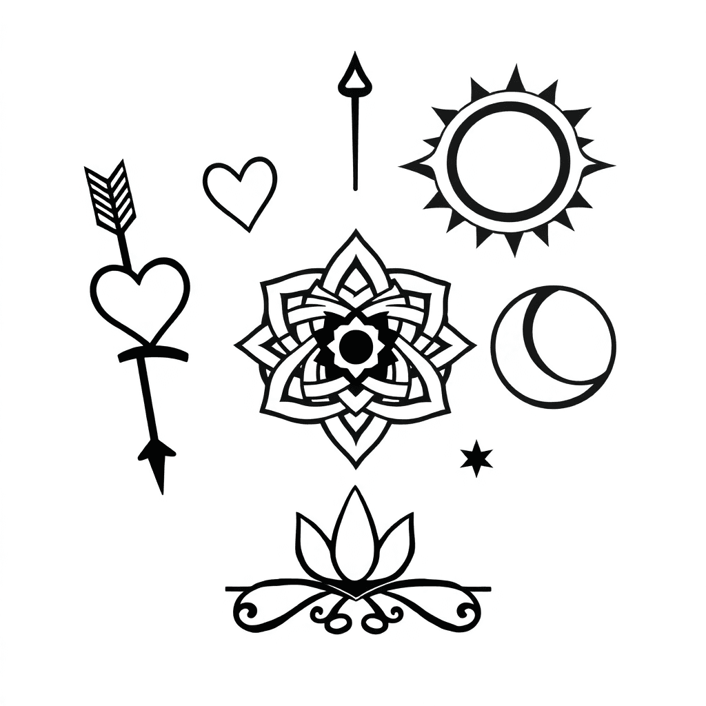 Arrow, Heart, Semi-colon, Celtic Mother Knot, Lotus Flower, Sun And Moon