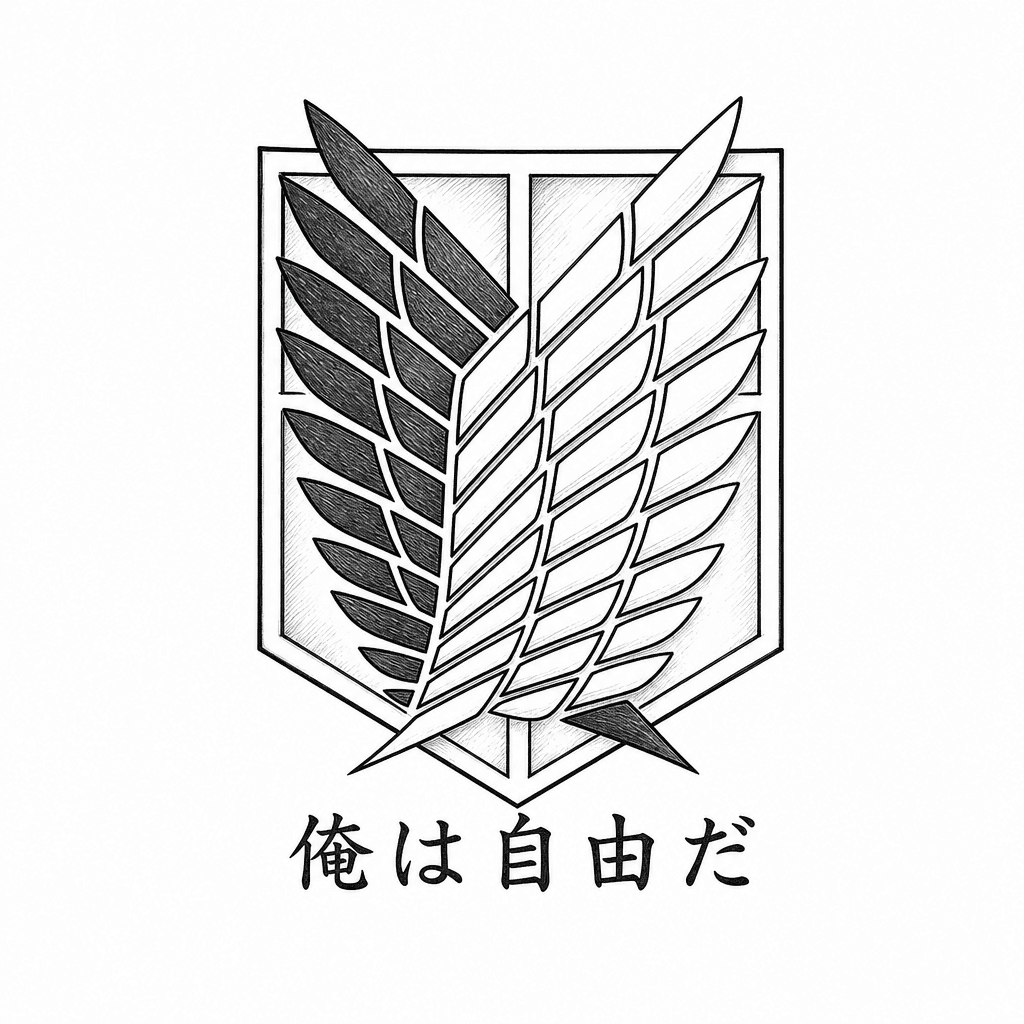 Scout Regiment Badge From Attack On Titan With 'ore Wa Jiyuu Da' In Japanese Underneath It