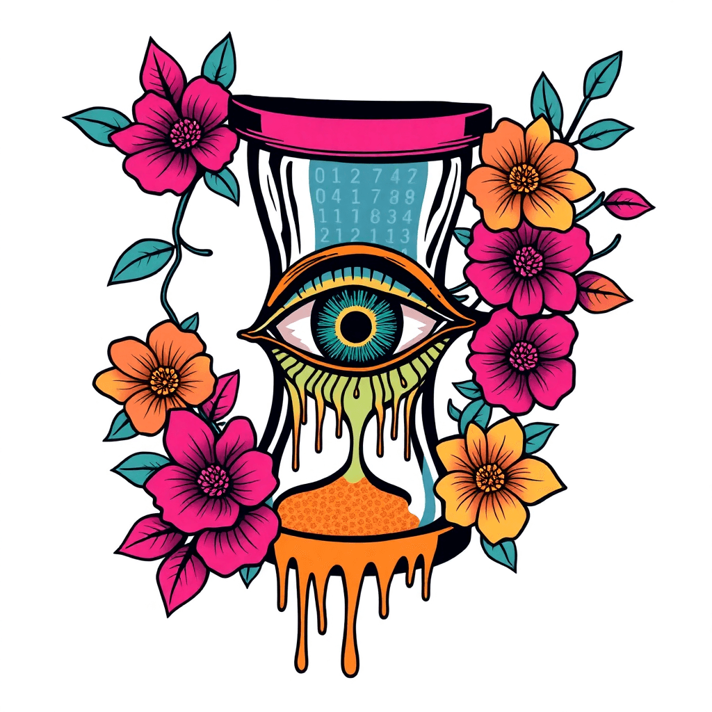 Traditional "Stencil of a trippy drippy all seeing eye inside of an hourglass with a warped vortex numerical code designs. Sticker style. Feminine floral lillie foliage" Tattoo Design