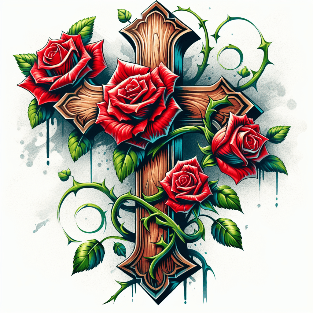 Old Wooden Cross With Three Red Roses And Green Vines