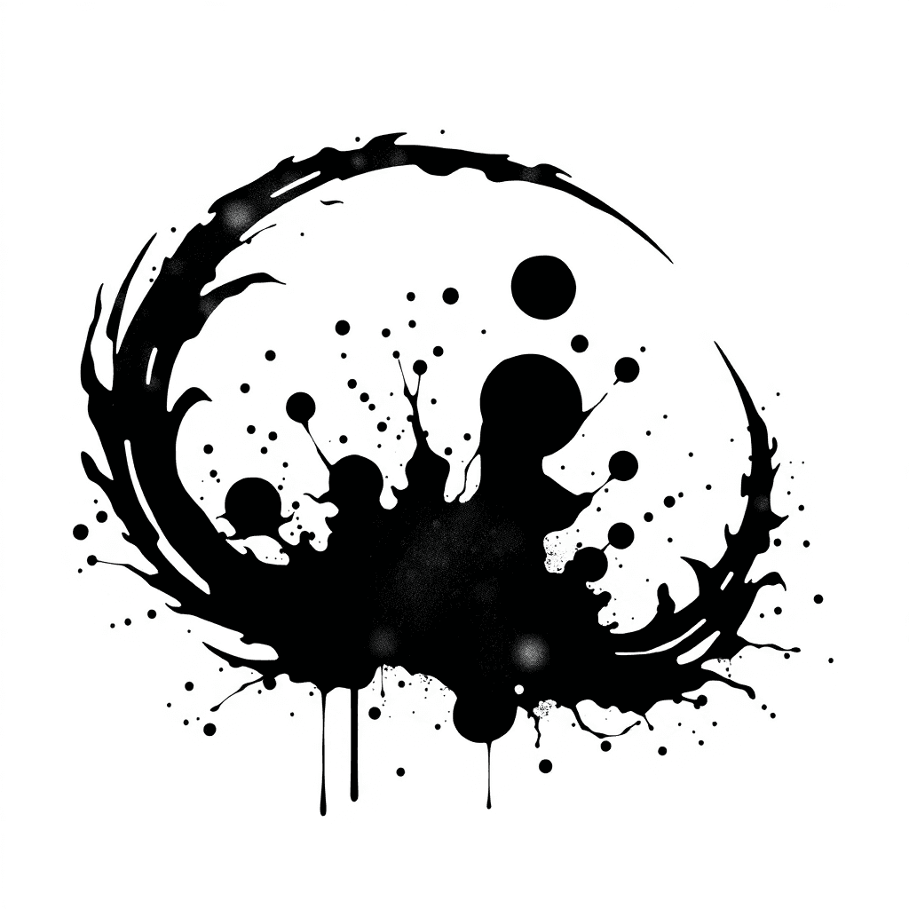 Ink Splatter With Shapes. Surrounded By Lightening