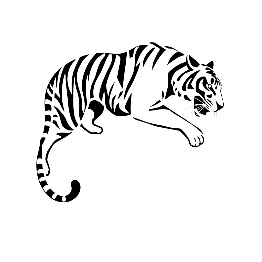 Genera La Descripción De Un Tatuaje De Un Tigre En Silueta, Diseñado Para La Espalda Baja. La Silueta Debe Mostrar Al Tigre Entero, En Una Pose De Rugido, Transmitiendo Fuerza Y Ferocidad. La Inclinac