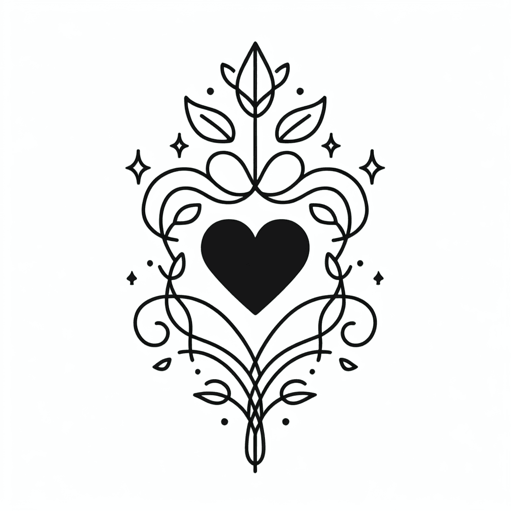 Single line "a black heart with a small spade symbol inside, surrounded by delicate vine accents" Tattoo Design