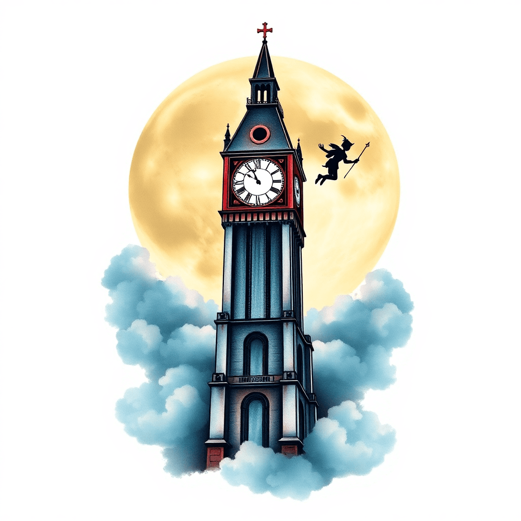 Clock Tower In Front Of Full Moon With Peter Pan Flying Surrounded By Clouds And Fog