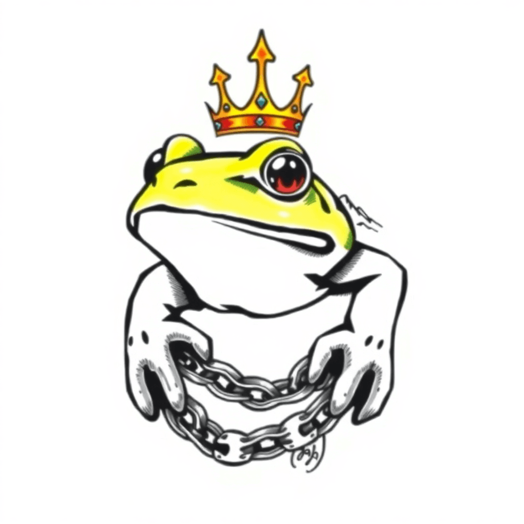 A Cool Frog Face With A Crown, With A Snow Mountain With Three Peaks In The Background (resembling Illimani Mountain) And All Of It Surrounded By Bike Parts Mainly A Chain.