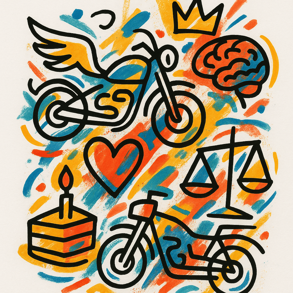 Motorbike With Wings, Heart, Brain, Crown, Cake, Scales. Lines