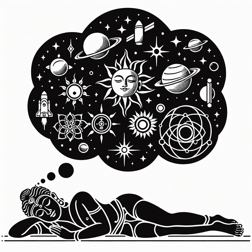 Single line "bottom of image God Vishnu Sleeping with happy face, Dreaming The Creation Of Universe as raising up image Add Small Modern Satellites, Planets, Stars And Place Kundalin 7 Chakras And Human Evolution" Tattoo Design