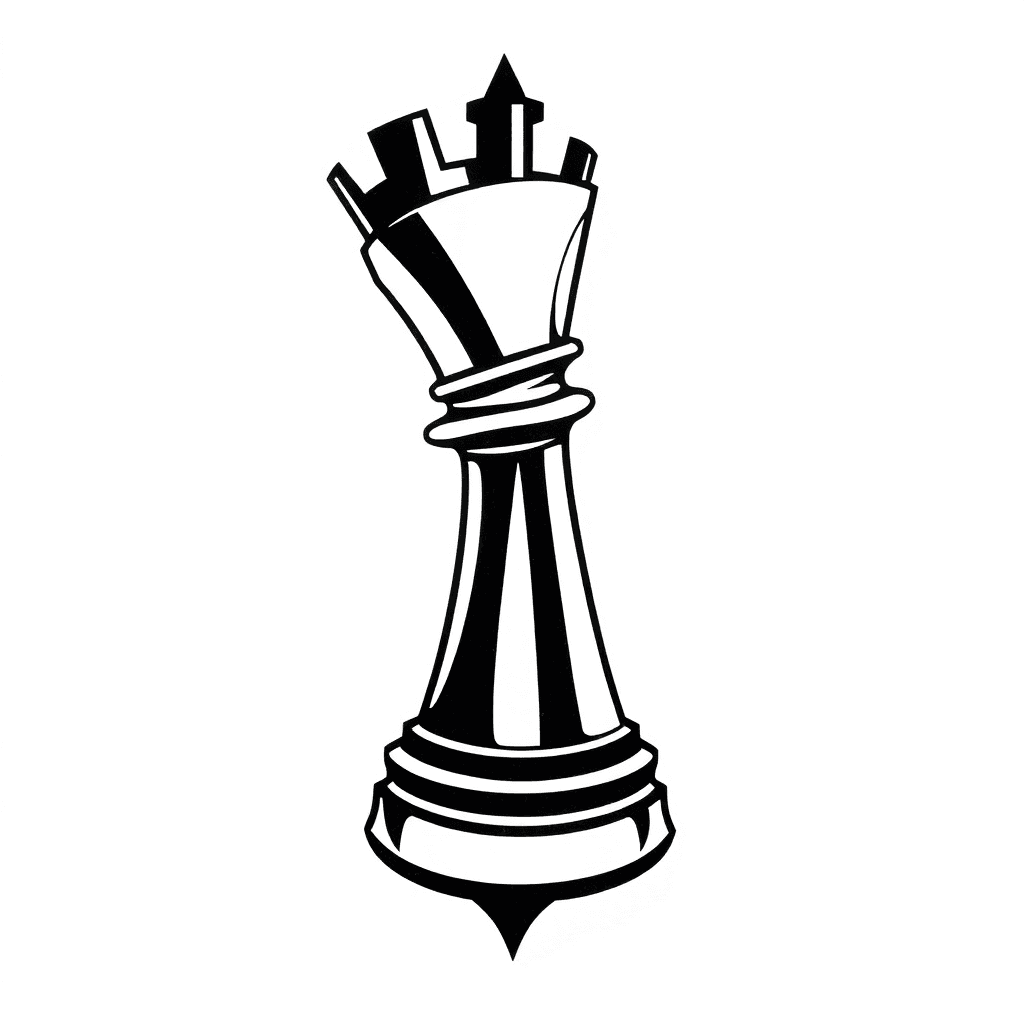 Black And White Woodcut-style Tattoo Of A Rook Chess Piece. The Rook Is Massive And Bold, Carved In Dramatic Contrast With Thick And Thin Lines, In The Traditional Woodcut Engraving Style. Highly Deta