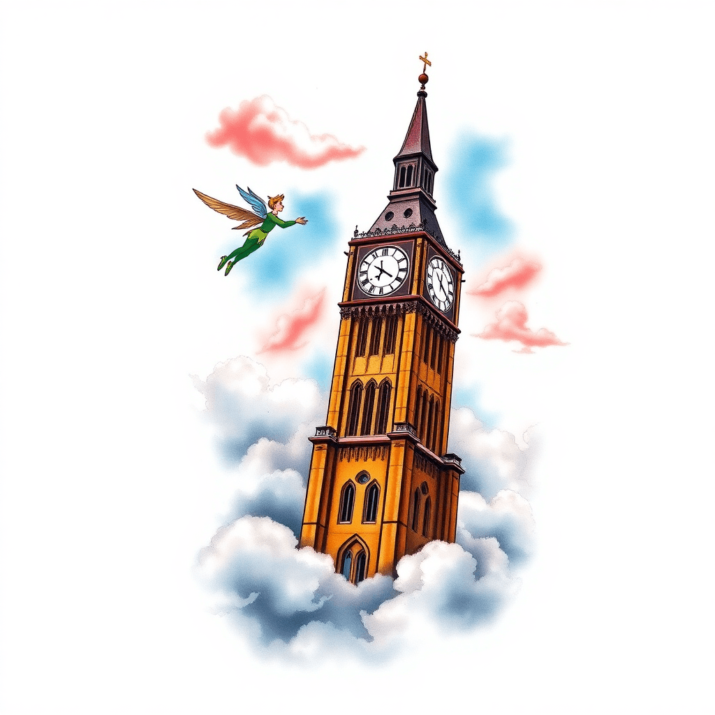 Clock Tower With Peter Pan Flying Surrounded By Clouds And Fog