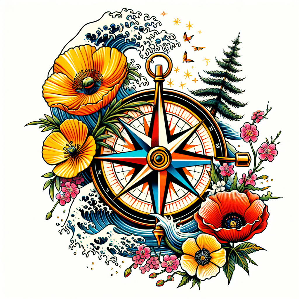 Compass With A Ships Wheel Around It Flowers And Waves Around The Wheel. Golden Poppies To The Southwest Pyramidal Saxifrage And Mountain Heather To The Northeast. Redwood Tree And Birch Tree In Back