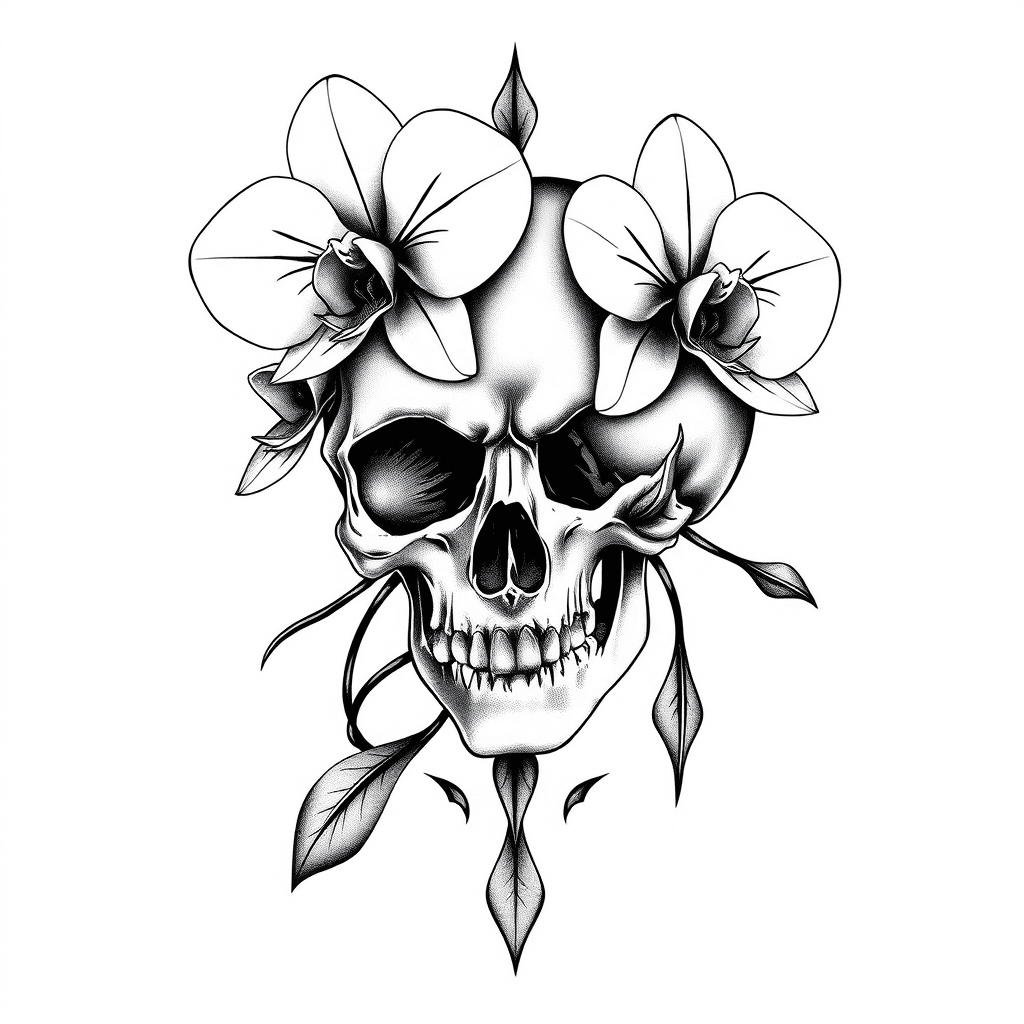 A Skull With Orchids Flower