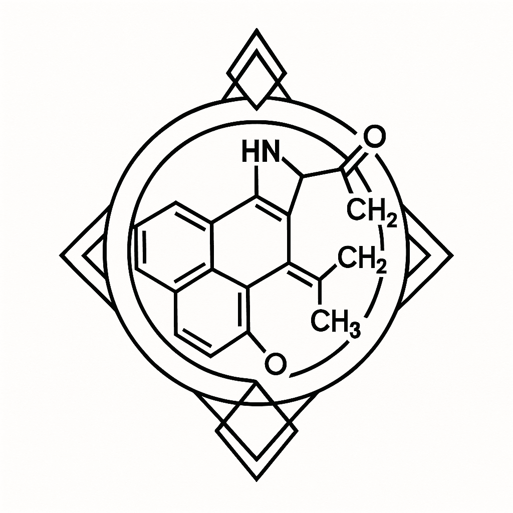 Lsd Molecule In Precise Chemical Structure Style, Thin Clean Black Lines, Surrounded By A Circular Geometric Frame, Minimalist But Elegant