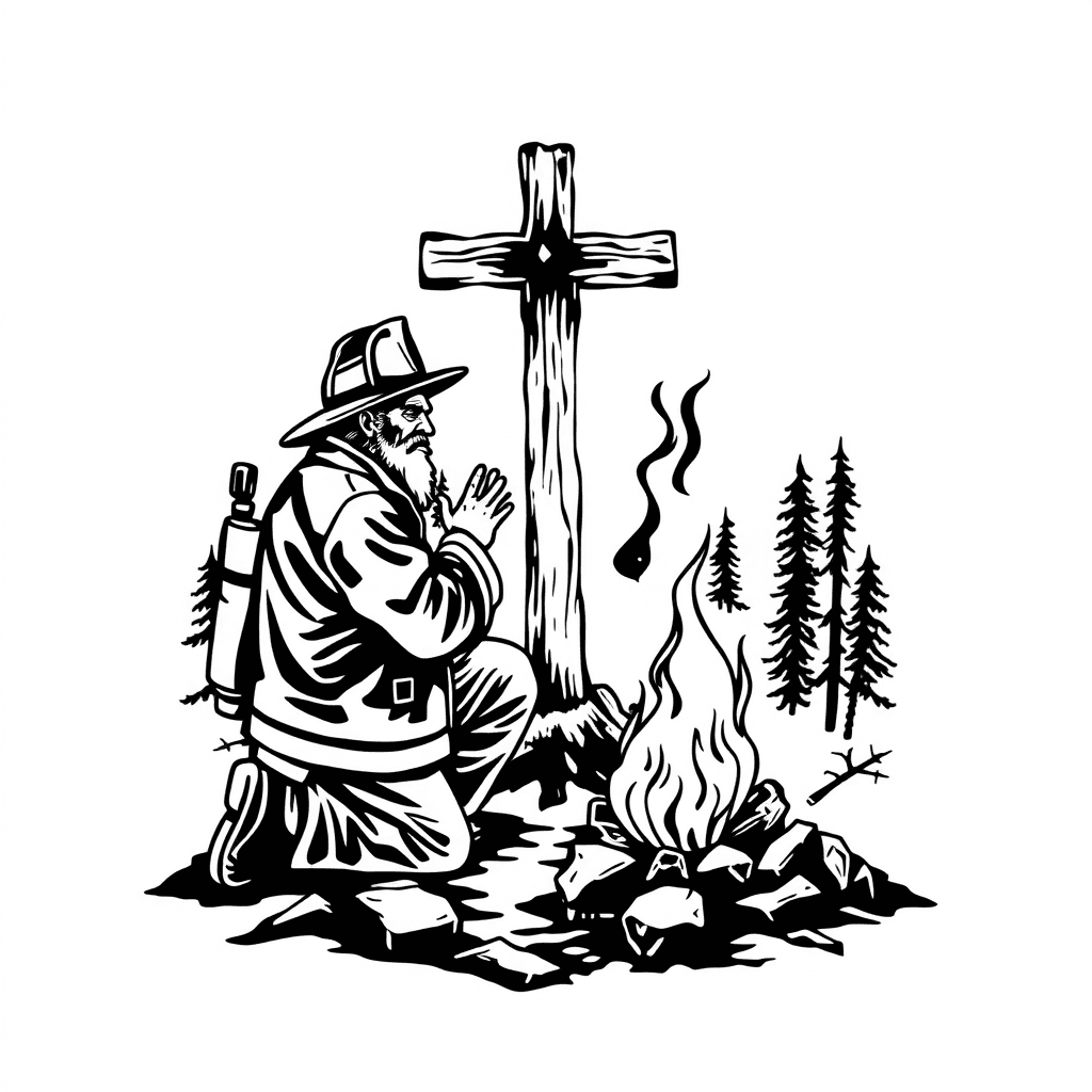 An Old Fire Chief Kneeling At An Old Rugged Cross In Front Of A Campfire
