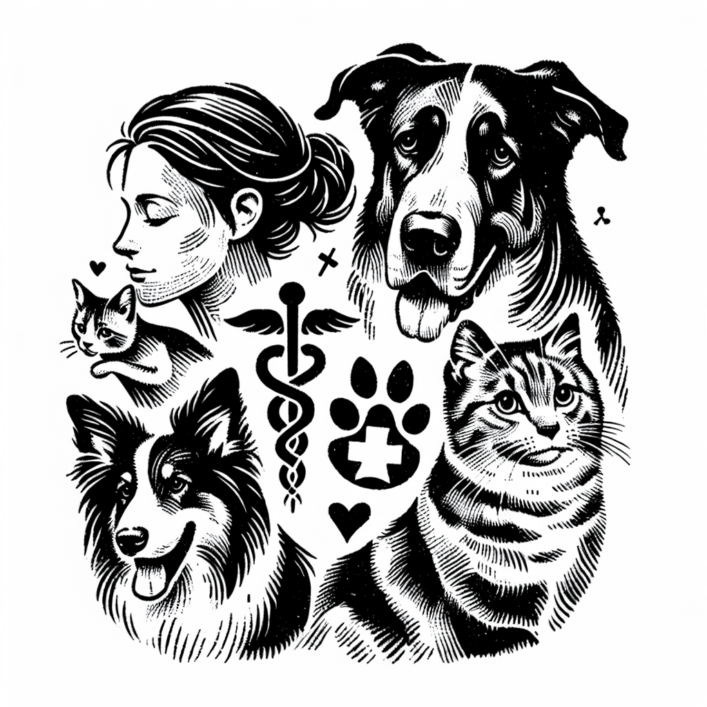 Use Symbol For Healing Woman, Incorporate Australian Shepherd Dog Named Emma, A Great Dane With Floppy Ears Named Trinity And A Big Eyed Cat Named Peanut