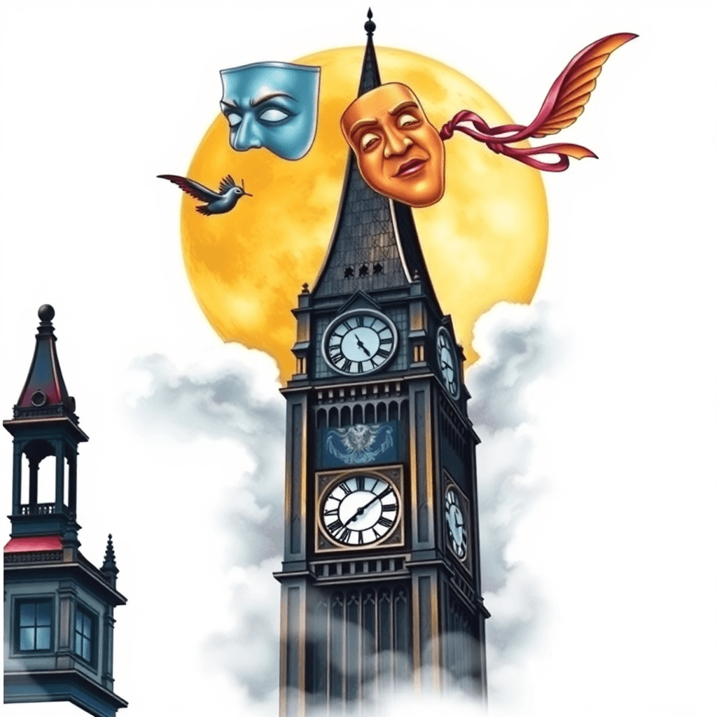 Clock Tower In Front Of Full Moon Woth Theater Mask With Peter Pan Flying Surrounded By Clouds And Fog