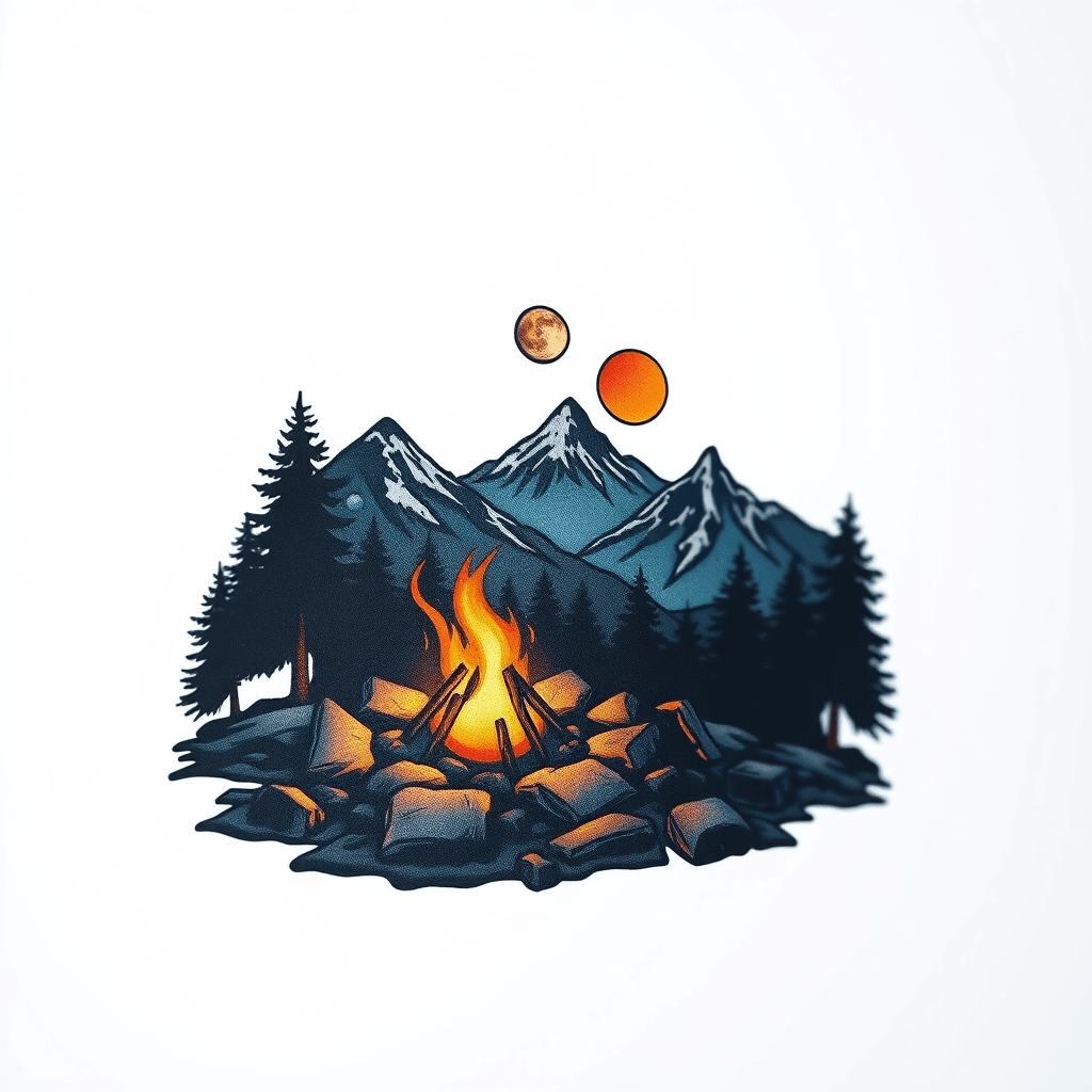 Forearm Tattoo Crackling Campfire In The Mountains At Night With A Moon