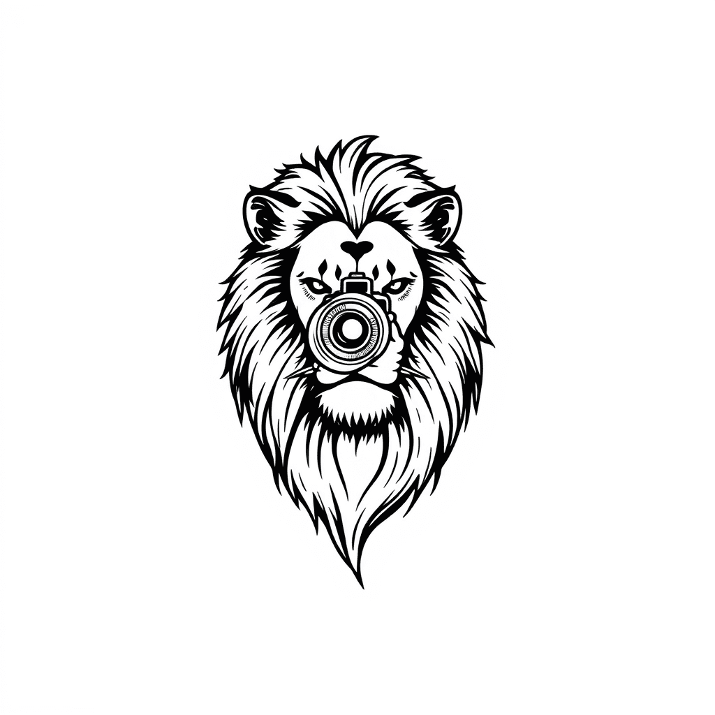 Single line "A lion with photographer" Tattoo Design