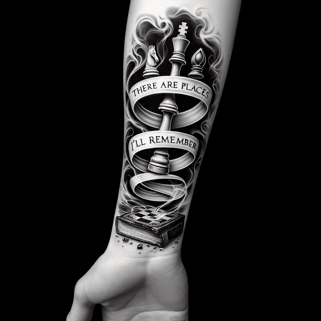 Forearm Tattoo Of Poker Chips And Chess Pieces Mystically Spiraling Up And Out Of A Tattered Old Book Titled Hiraeth With Smoke And The Words “there Are Places I’ll Remember “