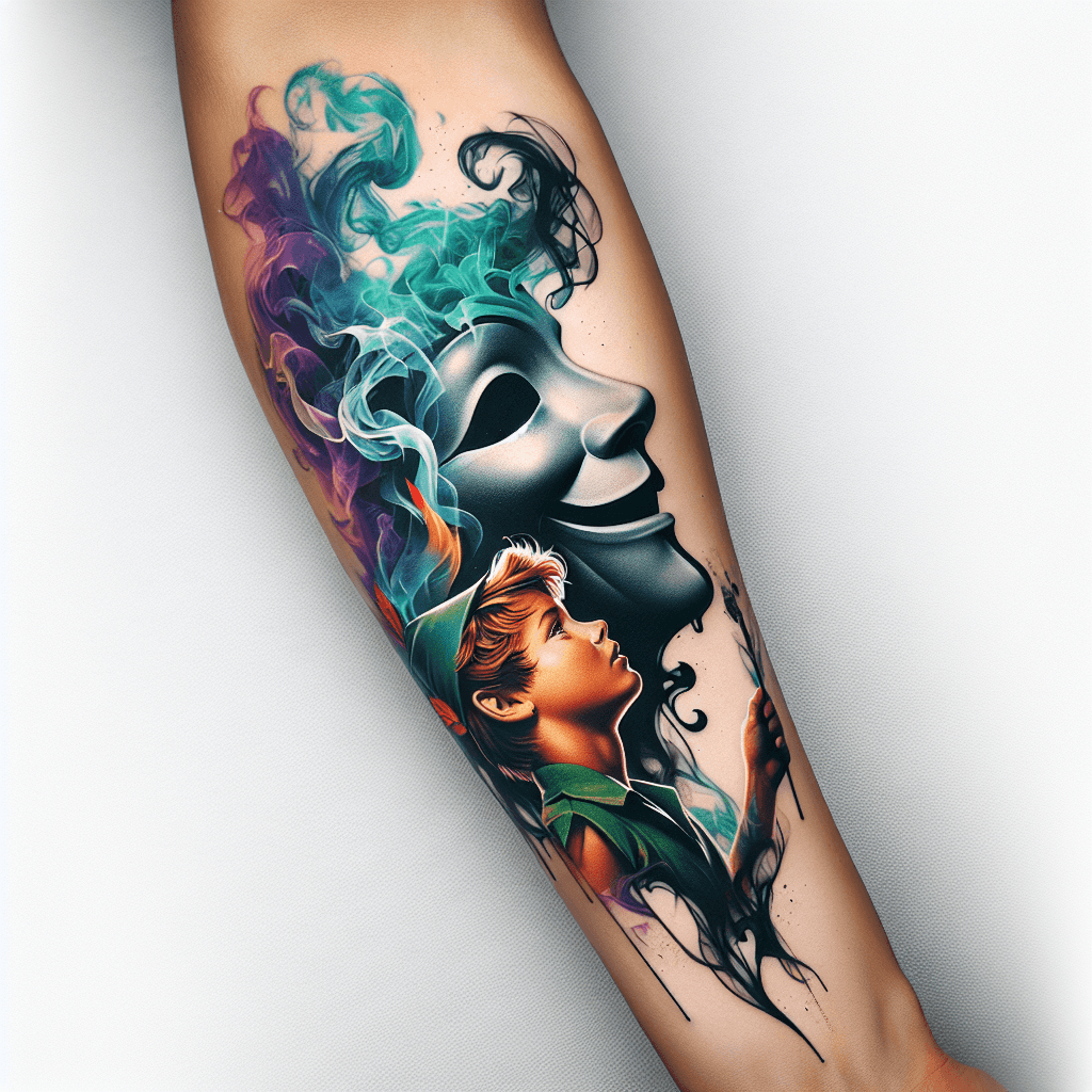 Back Of Forearm Tattoo Of Smoke Turning Into A Theater Mask With Peter Pan