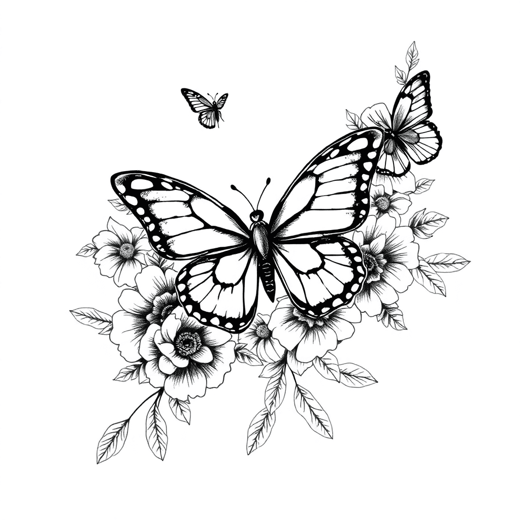 Full Half Sleeve Tattoo With Butterfly, Roses, F’owers And Leafs. Just A Few Butterfly And One Where The Elbow Is.