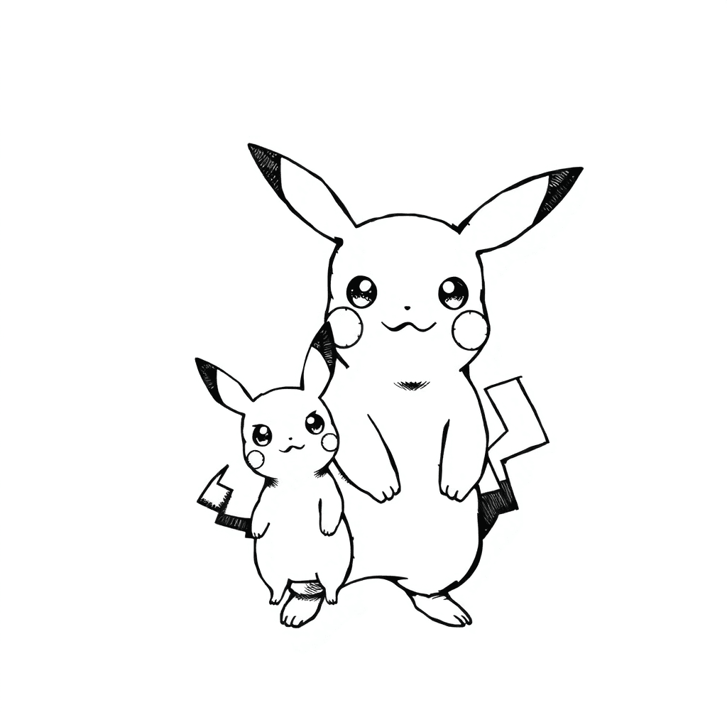 "design A Vertical, Realistic Black And White Tattoo Where Pikachu Stands Slightly In Front Of Mimikyu, As If Protectively. Pikachu’s Stance Is Calm But Firm, Detailed Fur And Glowing, Determined Eyes