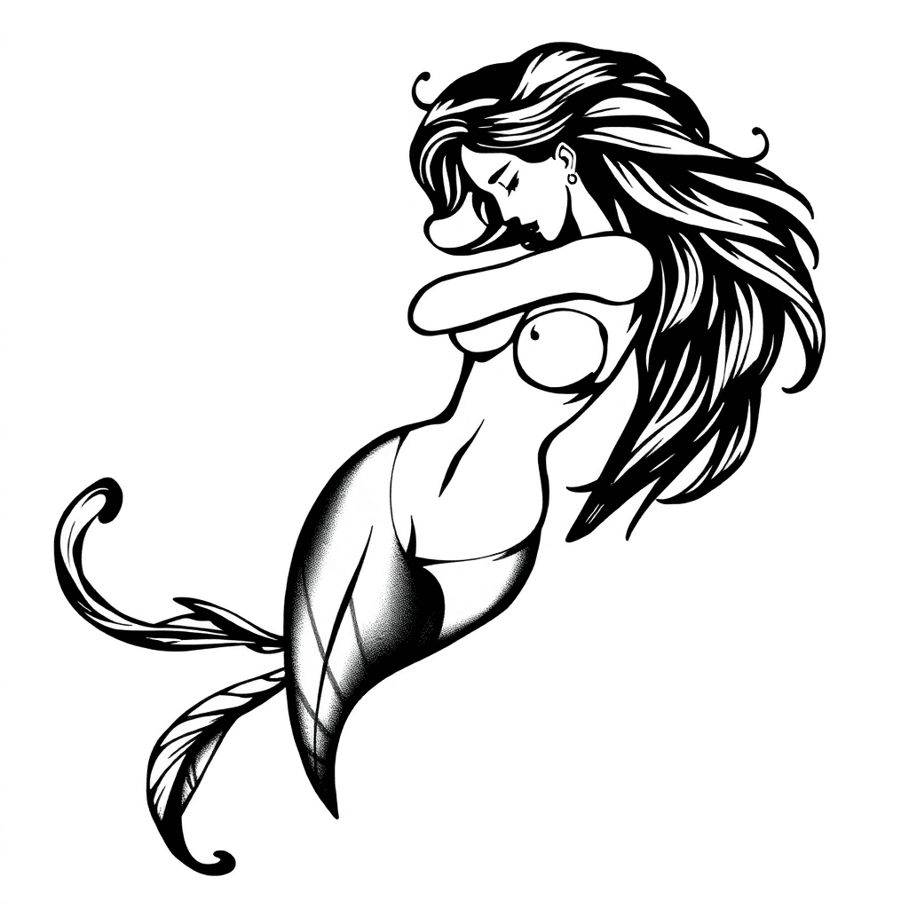 Design De Tatuagem: "sereia Do Destino" – Estilo Preto & Branco Em Pontilhado
composição Principal
sereia: Corpo Posicionado Em "s" Suave, Com A Cauda Enrolando De Forma Elegante Até Formar Uma Base