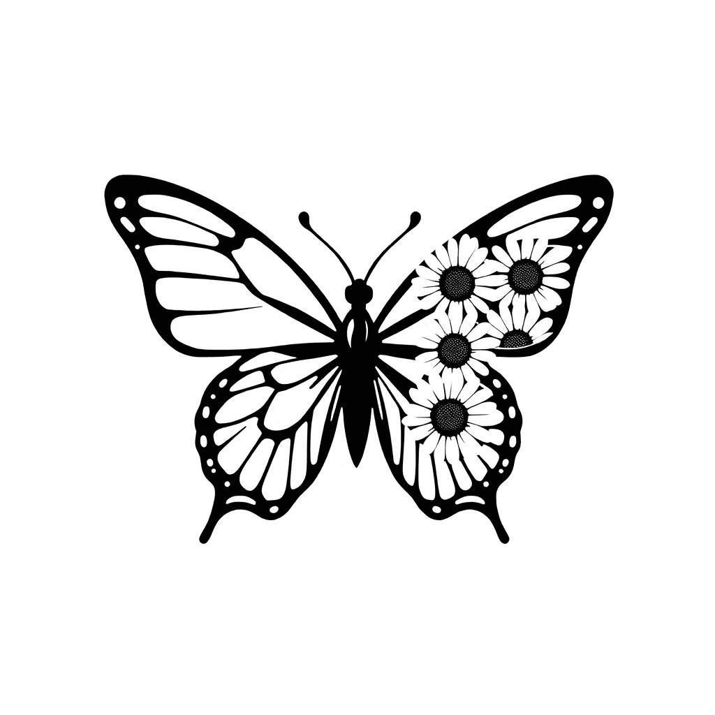 A Butterfly That Has One Regular Wing And One Wing Made Of Daisy Flowers
