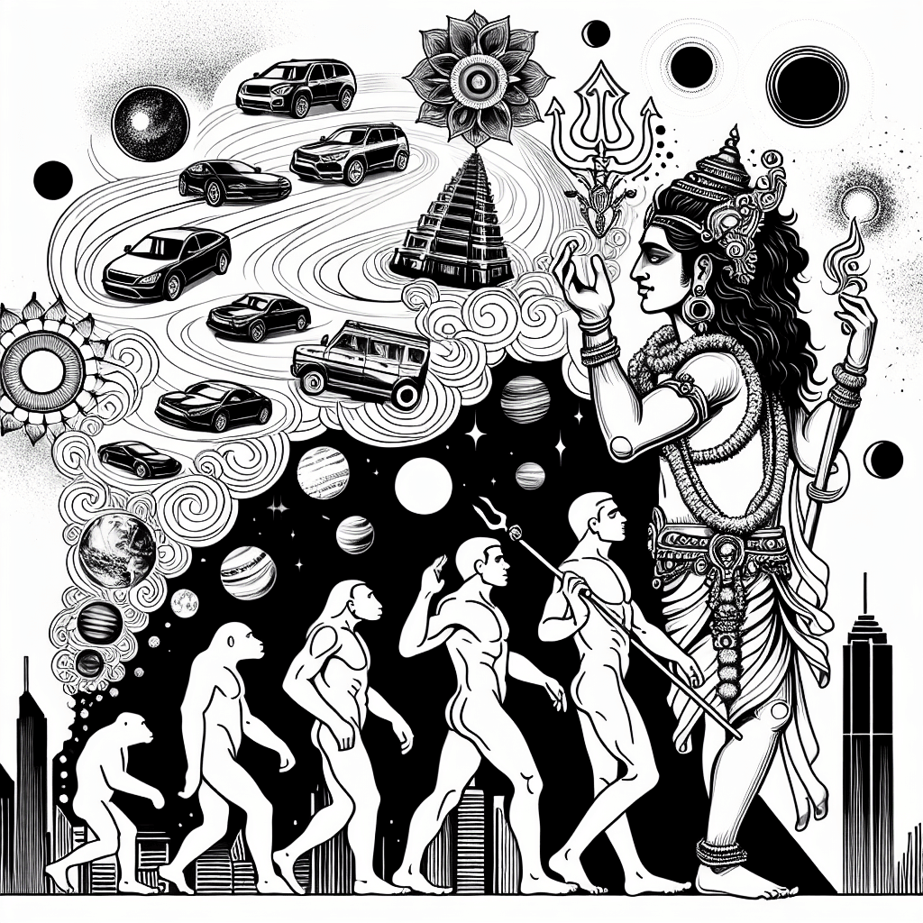 Single line "male God Venkateshwara or Vishnu with sudarshana chakra detailed dreaming creation; top: planets, human evolution to modernity with electronics car, skyscraper, celestial bodies, 7 kundalini chakras" Tattoo Design