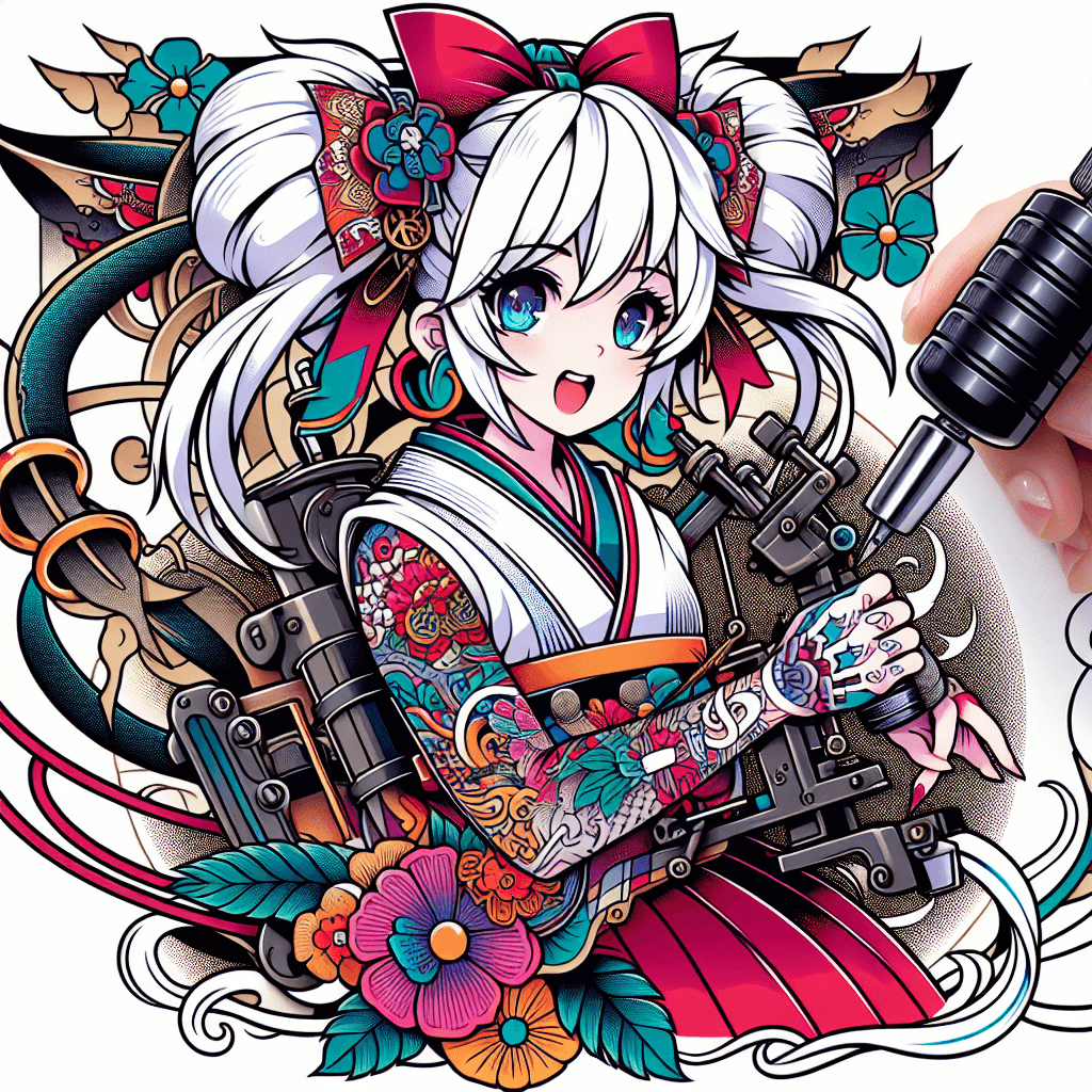 Anime Girl With White Hair And Twin Pigtails With Bows In Her Hair Holding A Tattoo Machine
