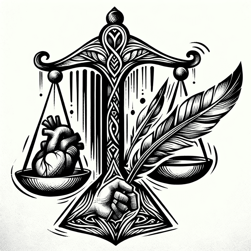 Zentangle Style Justice Scales With Human Heart Being Weighed Against A Feather