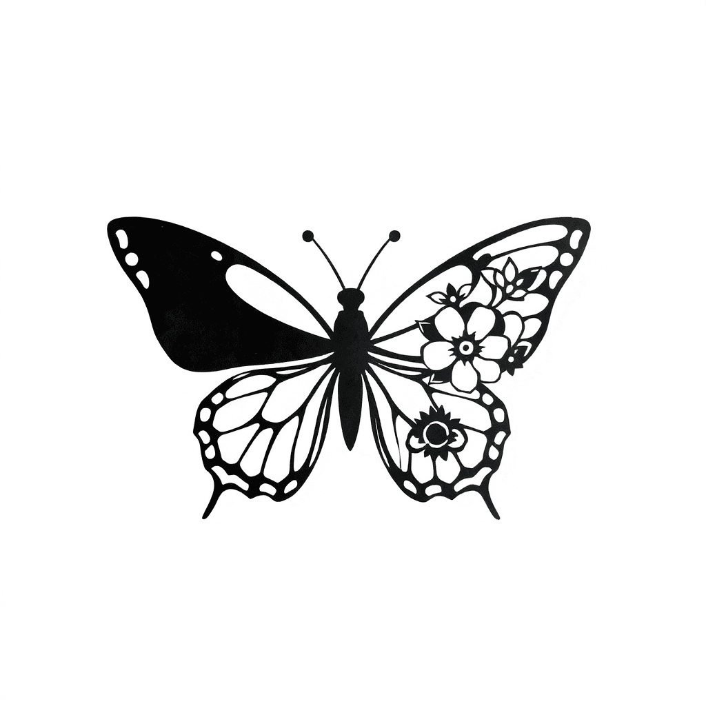 Butterfly With One Blacked Out Wing And One Wing Made Of Flowers