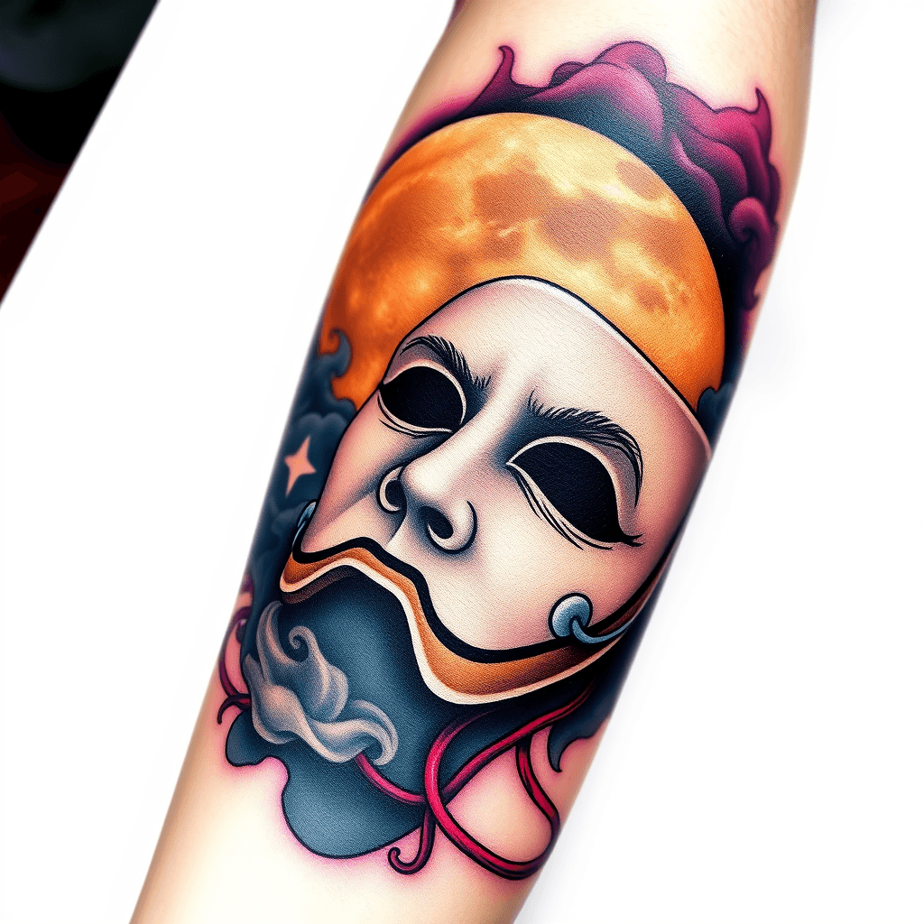Forearm Tattoo Of A Full Moon And A Theater Mask With Smoke And Fog