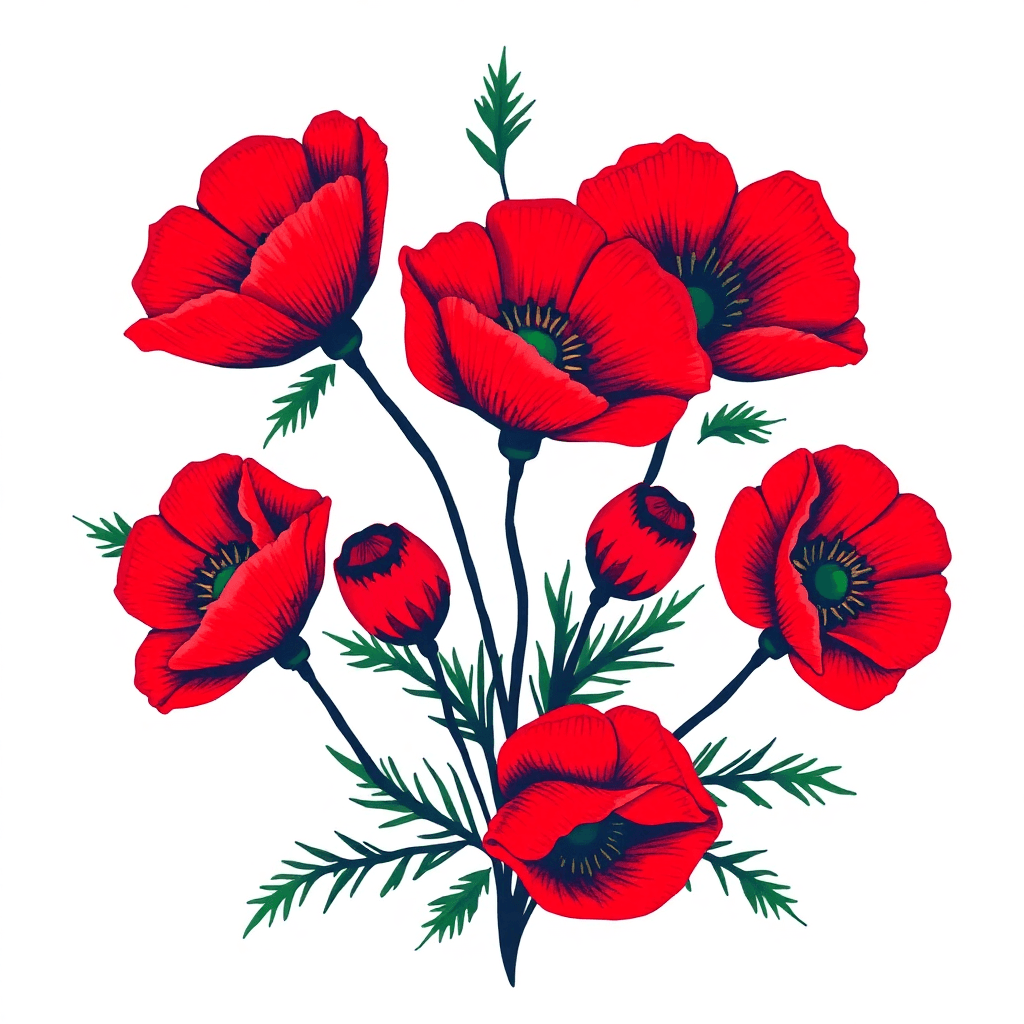 Poppy Flowers Around By Leaves